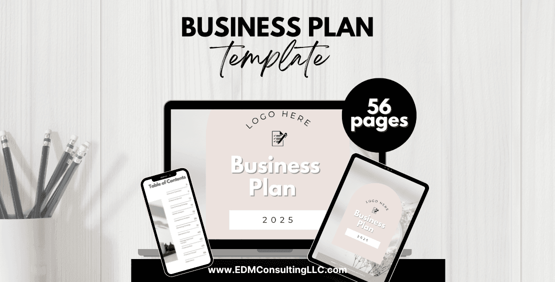 Business plan template on laptop, tablet, and phone screens with 56 pages.